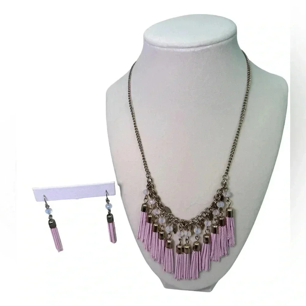 10.5” Pink Crystal Lucite Tassel Chandelier Runway Necklace And Earrings